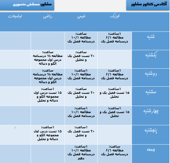 عکس جدول برنامه ریزی کنکور ریاضی